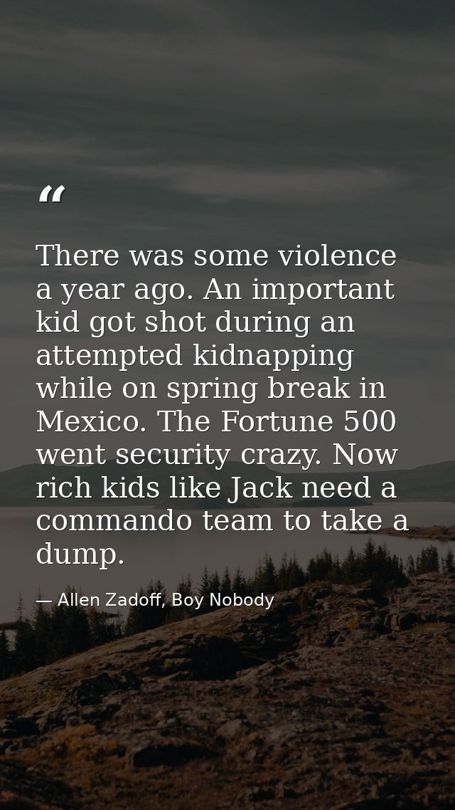 There was some violence a year ago. An important kid got shot during an attempted kidnapping while on spring break in Me — Allen Zadoff, Boy Nobody