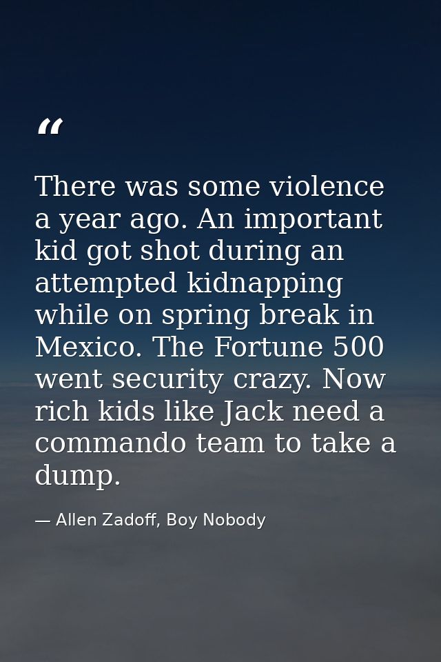 There was some violence a year ago. An important kid got shot during an attempted kidnapping while on spring break in Me — Allen Zadoff, Boy Nobody