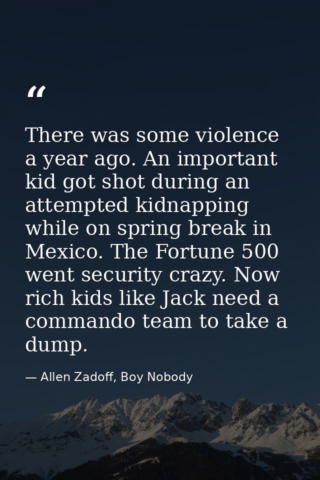 There was some violence a year ago. An important kid got shot during an attempted kidnapping while on spring break in Me — Allen Zadoff, Boy Nobody