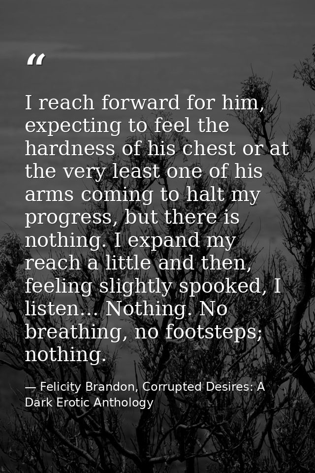 I reach forward for him, expecting to feel the hardness of his chest or at the very least one of his arms coming to halt — Felicity Brandon, Corrupted Desires: A Dark Erotic Anthology