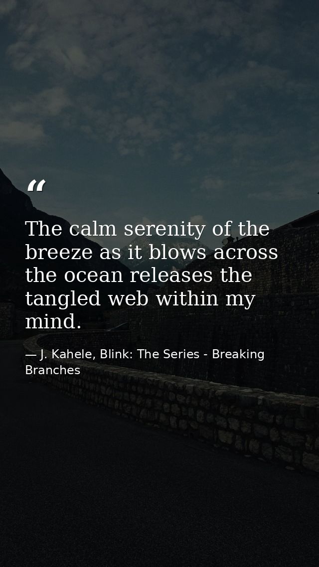The calm serenity of the breeze as it blows across the ocean releases the tangled web within my mind. — J. Kahele, Blink: The Series - Breaking Branches