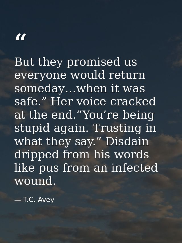 But they promised us everyone would return someday…when it was safe.” Her voice cracked at the end.“You’re being stupid  — T.C. Avey