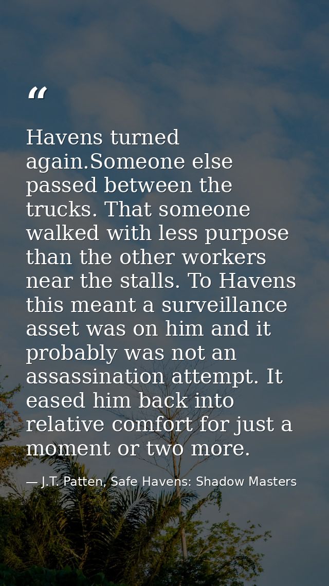 Havens turned again.Someone else passed between the trucks. That someone walked with less purpose than the other workers — J.T. Patten, Safe Havens: Shadow Masters