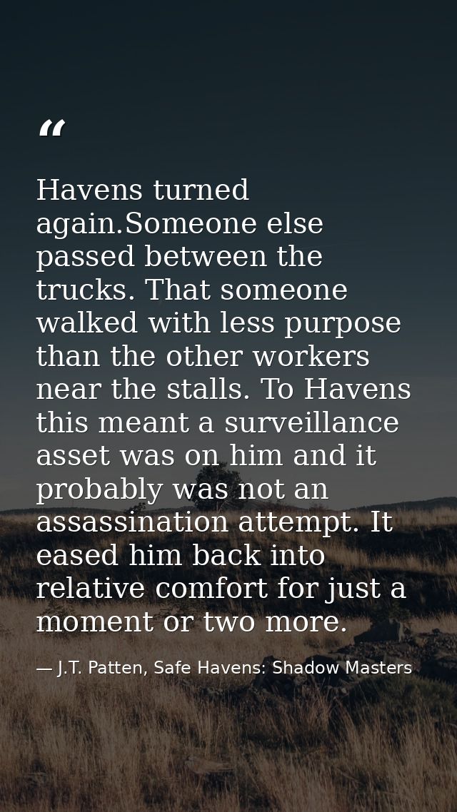 Havens turned again.Someone else passed between the trucks. That someone walked with less purpose than the other workers — J.T. Patten, Safe Havens: Shadow Masters