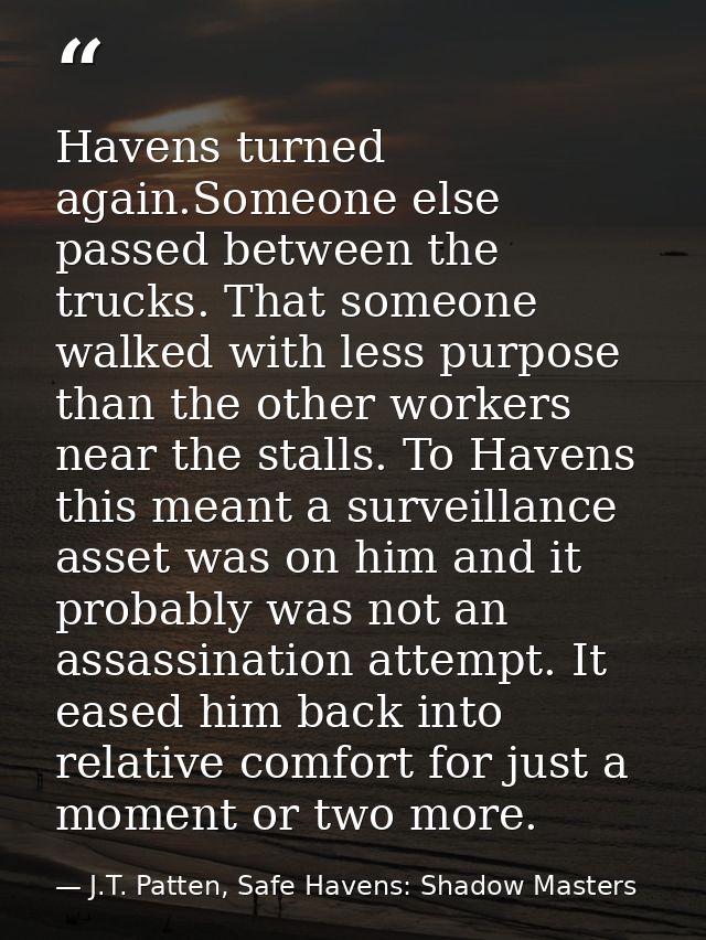 Havens turned again.Someone else passed between the trucks. That someone walked with less purpose than the other workers — J.T. Patten, Safe Havens: Shadow Masters