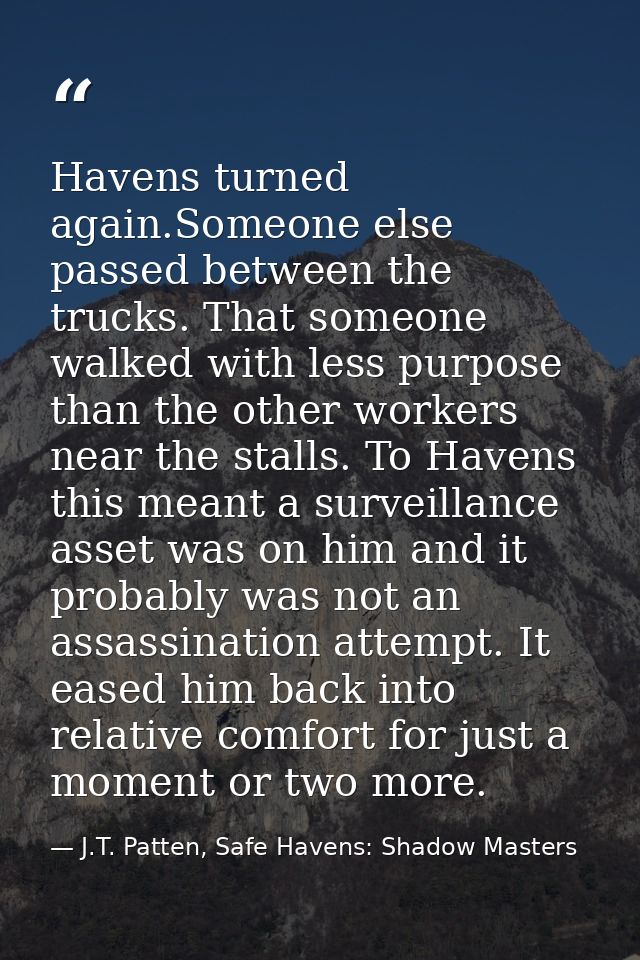 Havens turned again.Someone else passed between the trucks. That someone walked with less purpose than the other workers — J.T. Patten, Safe Havens: Shadow Masters