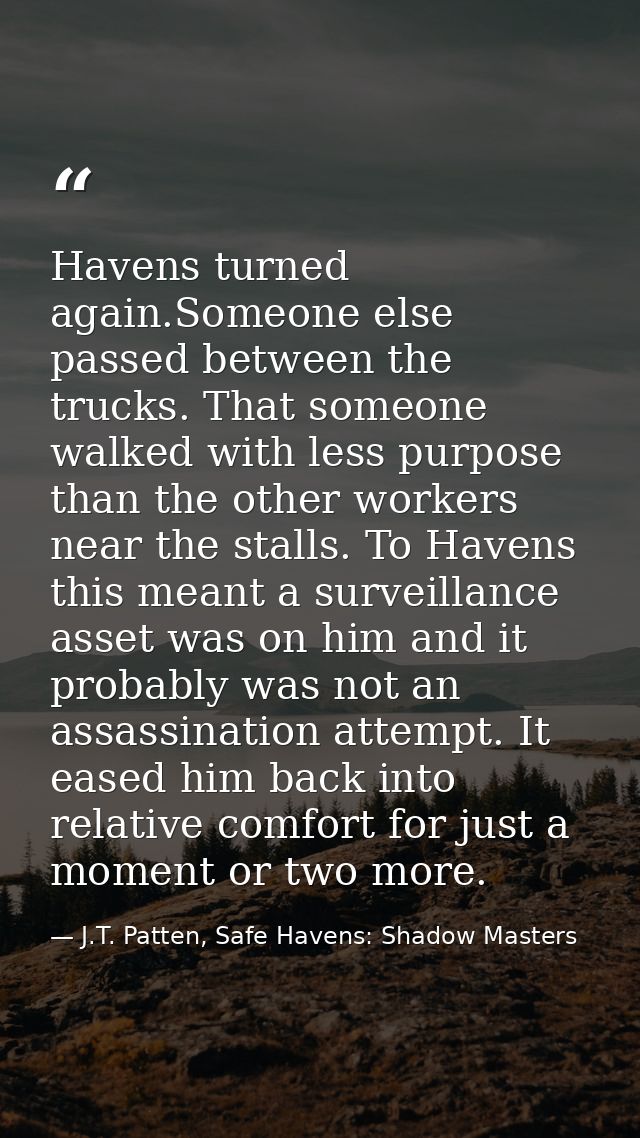 Havens turned again.Someone else passed between the trucks. That someone walked with less purpose than the other workers — J.T. Patten, Safe Havens: Shadow Masters