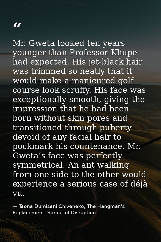 Mr. Gweta looked ten years younger than Professor Khupe had expected. His jet-black hair was trimmed so neatly that it w — Taona Dumisani Chiveneko, The Hangman's Replacement: Sprout of Disruption