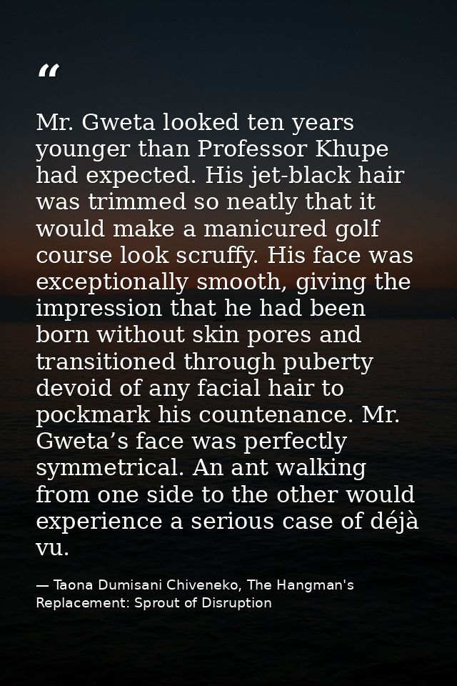 Mr. Gweta looked ten years younger than Professor Khupe had expected. His jet-black hair was trimmed so neatly that it w — Taona Dumisani Chiveneko, The Hangman's Replacement: Sprout of Disruption