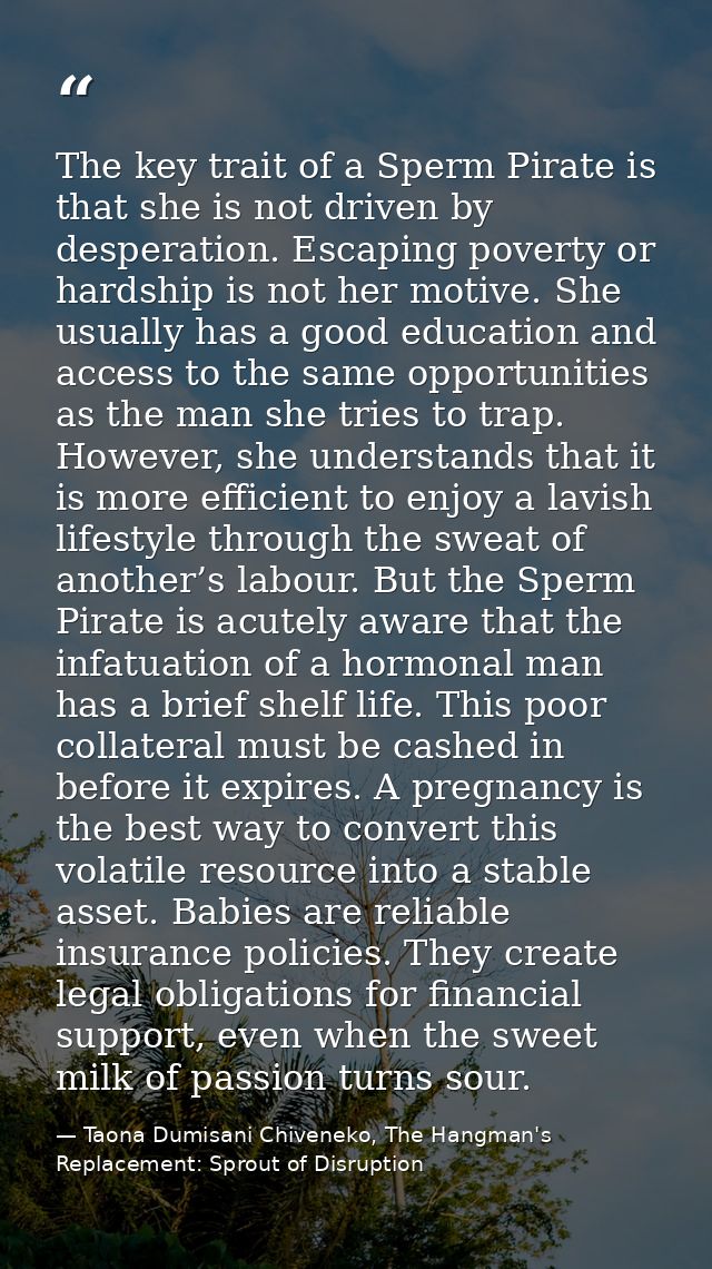 The key trait of a Sperm Pirate is that she is not driven by desperation. Escaping poverty or hardship is not her motive — Taona Dumisani Chiveneko, The Hangman's Replacement: Sprout of Disruption