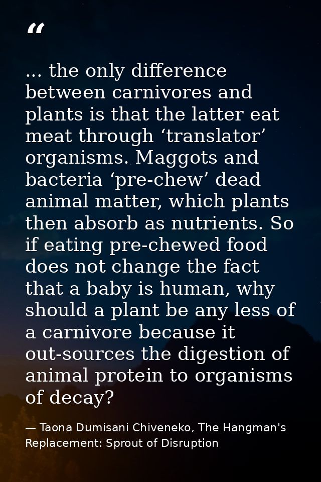 ... the only difference between carnivores and plants is that the latter eat meat through ‘translator’ organisms. Maggot — Taona Dumisani Chiveneko, The Hangman's Replacement: Sprout of Disruption