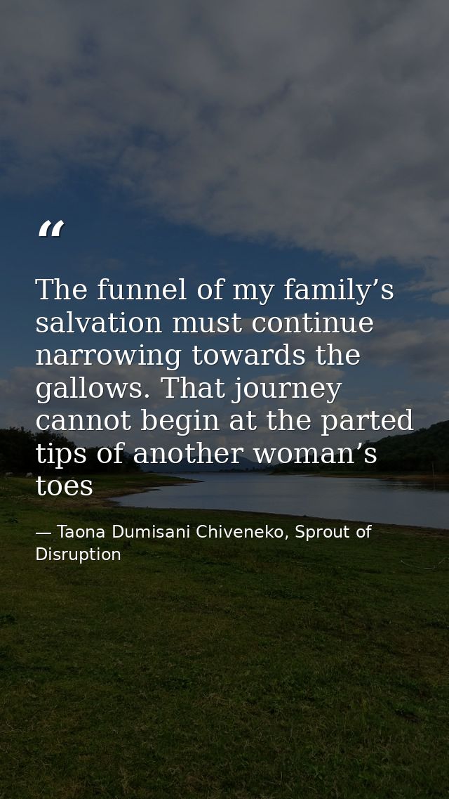 The funnel of my family’s salvation must continue narrowing towards the gallows. That journey cannot begin at the parted — Taona Dumisani Chiveneko, Sprout of Disruption