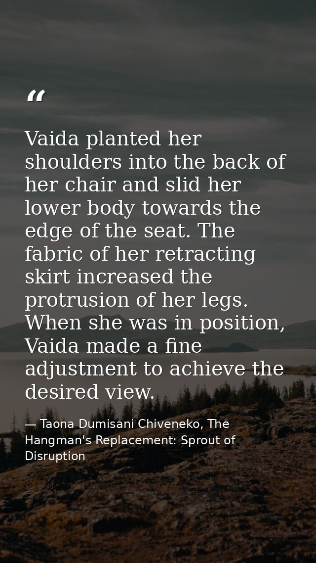 Vaida planted her shoulders into the back of her chair and slid her lower body towards the edge of the seat. The fabric  — Taona Dumisani Chiveneko, The Hangman's Replacement: Sprout of Disruption