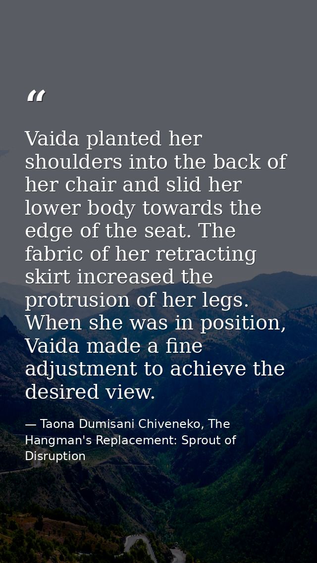 Vaida planted her shoulders into the back of her chair and slid her lower body towards the edge of the seat. The fabric  — Taona Dumisani Chiveneko, The Hangman's Replacement: Sprout of Disruption