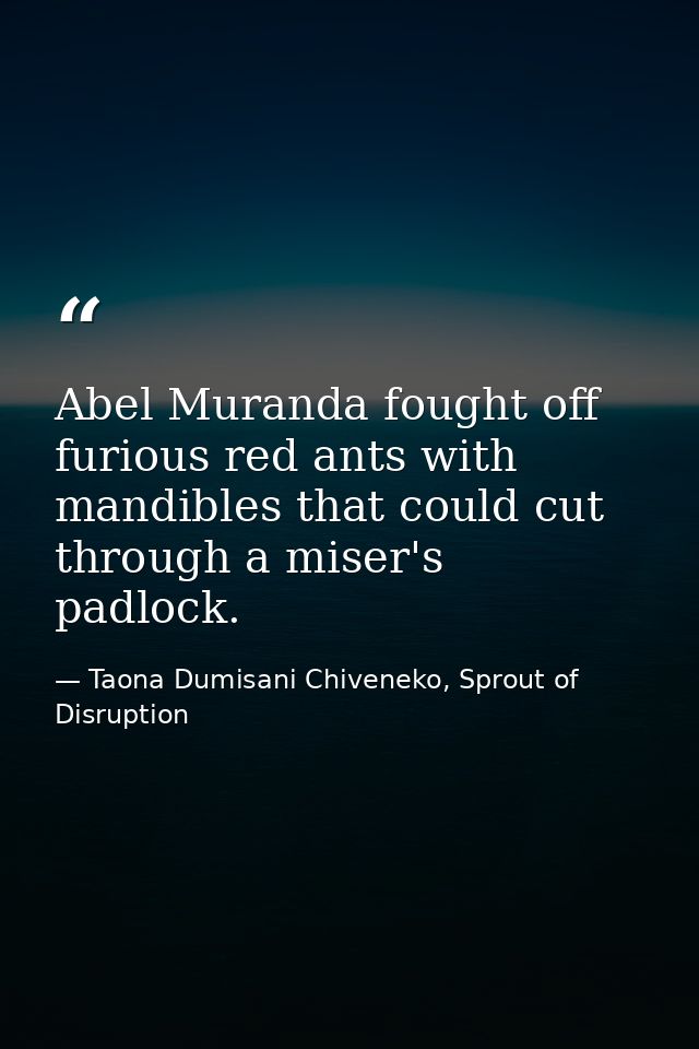 Abel Muranda fought off furious red ants with mandibles that could cut through a miser's padlock. — Taona Dumisani Chiveneko, Sprout of Disruption