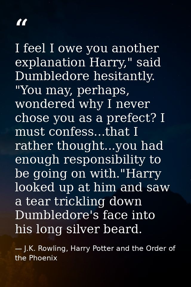 I feel I owe you another explanation Harry," said Dumbledore hesitantly. "You may, perhaps, wondered why I never chose y — J.K. Rowling, Harry Potter and the Order of the Phoenix