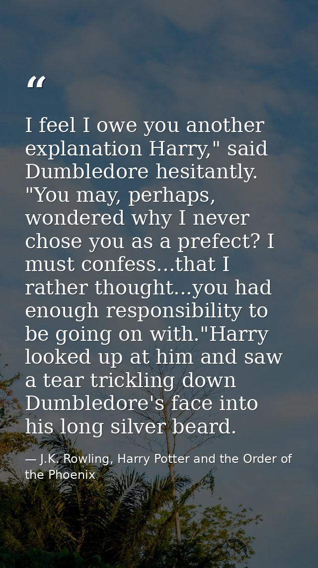 I feel I owe you another explanation Harry," said Dumbledore hesitantly. "You may, perhaps, wondered why I never chose y — J.K. Rowling, Harry Potter and the Order of the Phoenix