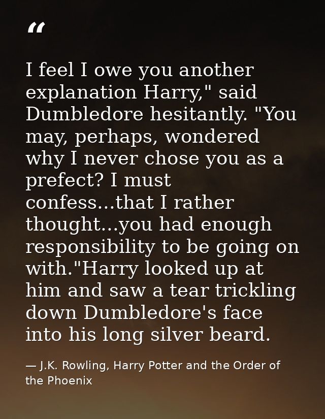 I feel I owe you another explanation Harry," said Dumbledore hesitantly. "You may, perhaps, wondered why I never chose y — J.K. Rowling, Harry Potter and the Order of the Phoenix
