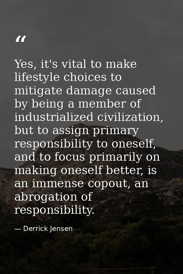 Yes, it's vital to make lifestyle choices to mitigate damage caused by being a member of industrialized civilization, bu — Derrick Jensen