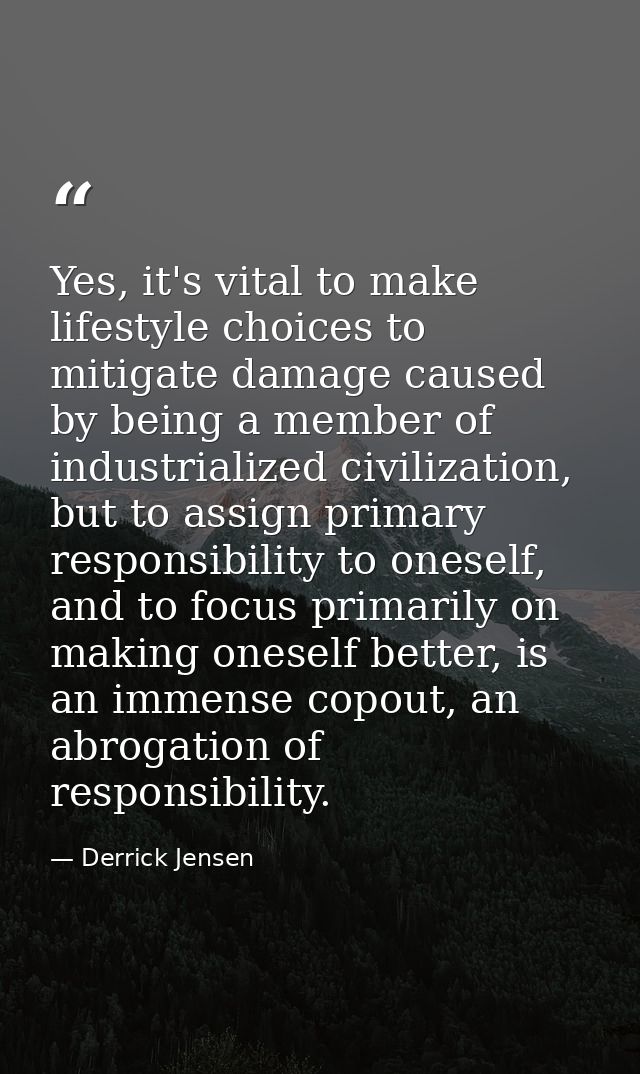 Yes, it's vital to make lifestyle choices to mitigate damage caused by being a member of industrialized civilization, bu — Derrick Jensen