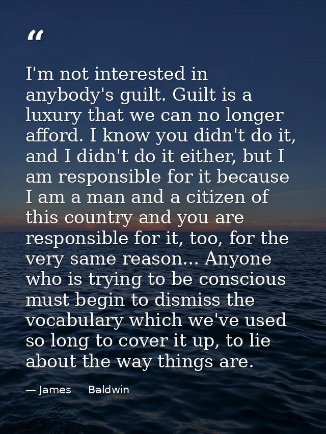 I'm not interested in anybody's guilt. Guilt is a luxury that we can no longer afford. I know you didn't do it, and I di — James     Baldwin