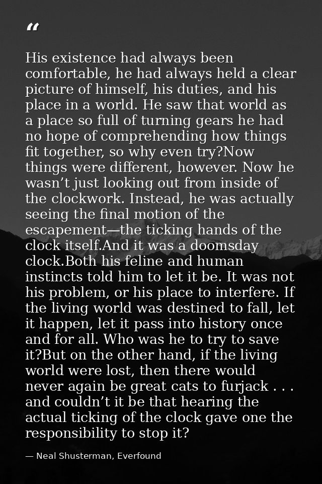 His existence had always been comfortable, he had always held a clear picture of himself, his duties, and his place in a — Neal Shusterman, Everfound