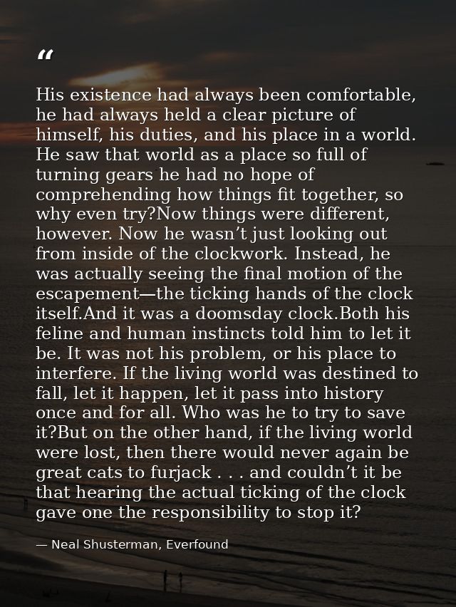 His existence had always been comfortable, he had always held a clear picture of himself, his duties, and his place in a — Neal Shusterman, Everfound