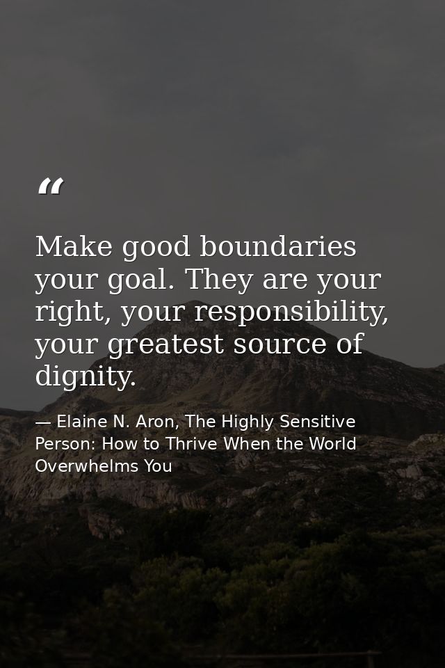 Make good boundaries your goal. They are your right, your responsibility, your greatest source of dignity. — Elaine N. Aron, The Highly Sensitive Person: How to Thrive When the World Overwhelms You