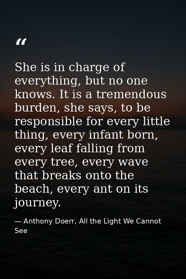 She is in charge of everything, but no one knows. It is a tremendous burden, she says, to be responsible for every littl — Anthony Doerr, All the Light We Cannot See