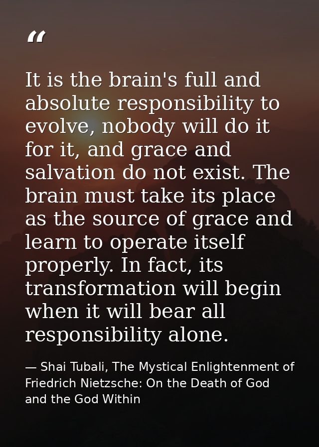 It is the brain's full and absolute responsibility to evolve, nobody will do it for it, and grace and salvation do not e — Shai Tubali, The Mystical Enlightenment of Friedrich Nietzsche: On the Death of God and the God Within