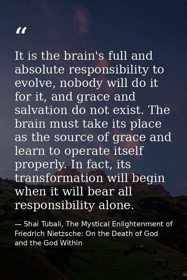 It is the brain's full and absolute responsibility to evolve, nobody will do it for it, and grace and salvation do not e — Shai Tubali, The Mystical Enlightenment of Friedrich Nietzsche: On the Death of God and the God Within