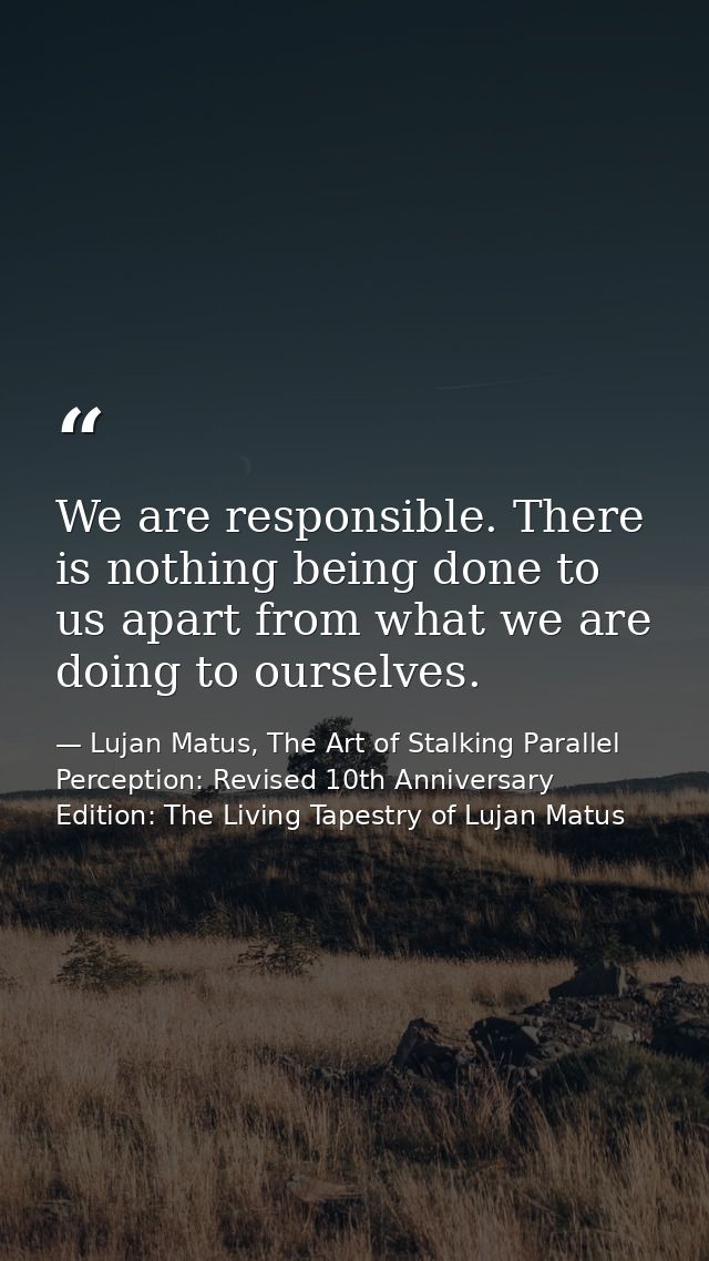 We are responsible. There is nothing being done to us apart from what we are doing to ourselves. — Lujan Matus, The Art of Stalking Parallel Perception: Revised 10th Anniversary Edition: The Living Tapestry of Lujan Matus