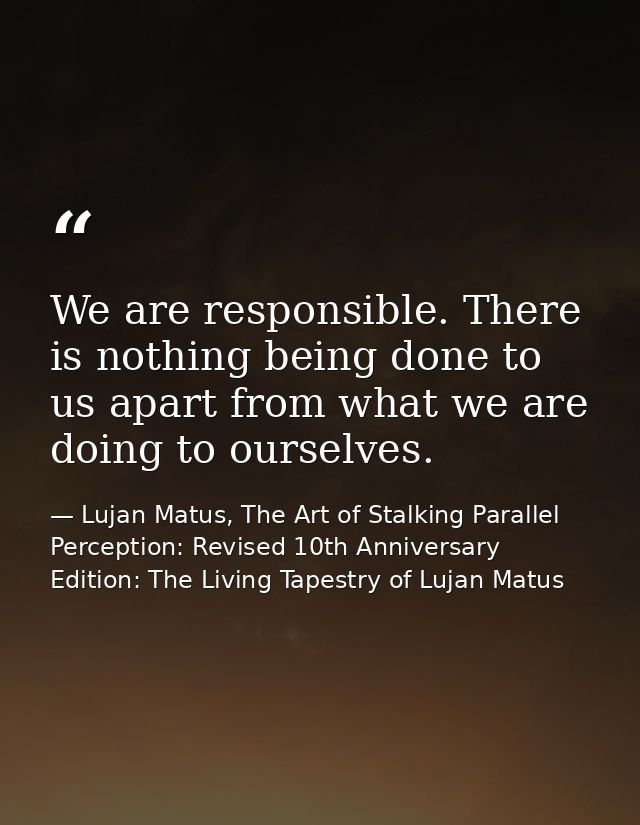 We are responsible. There is nothing being done to us apart from what we are doing to ourselves. — Lujan Matus, The Art of Stalking Parallel Perception: Revised 10th Anniversary Edition: The Living Tapestry of Lujan Matus