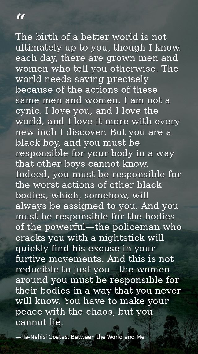 The birth of a better world is not ultimately up to you, though I know, each day, there are grown men and women who tell — Ta-Nehisi Coates, Between the World and Me