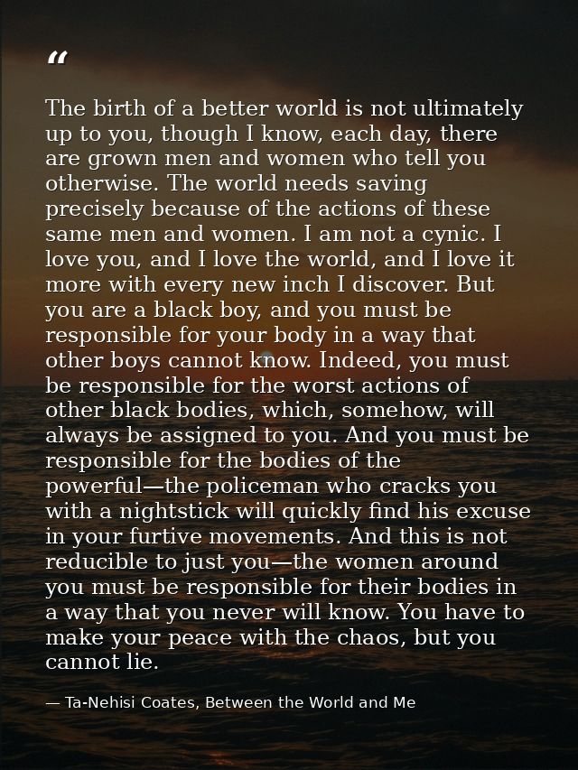 The birth of a better world is not ultimately up to you, though I know, each day, there are grown men and women who tell — Ta-Nehisi Coates, Between the World and Me