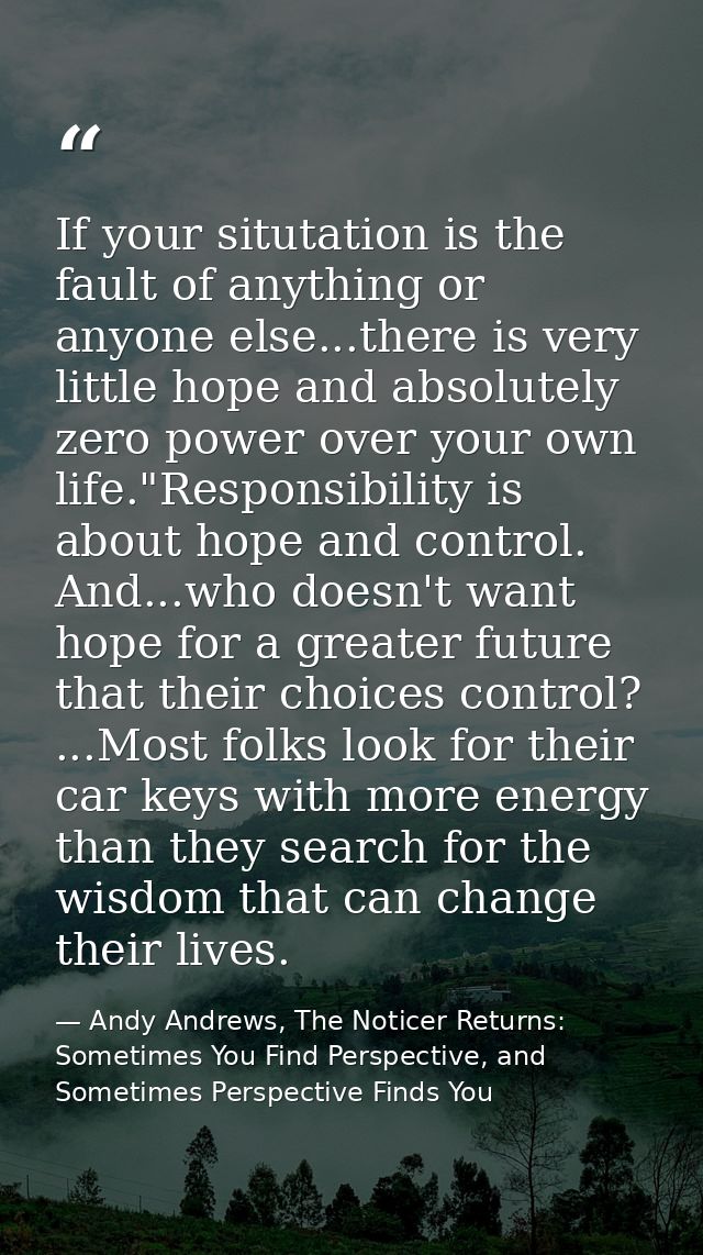 If your situtation is the fault of anything or anyone else...there is very little hope and absolutely zero power over yo — Andy Andrews, The Noticer Returns: Sometimes You Find Perspective, and Sometimes Perspective Finds You
