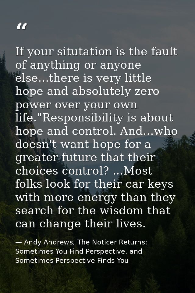 If your situtation is the fault of anything or anyone else...there is very little hope and absolutely zero power over yo — Andy Andrews, The Noticer Returns: Sometimes You Find Perspective, and Sometimes Perspective Finds You