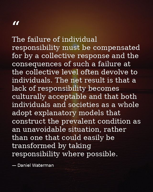 The failure of individual responsibility must be compensated for by a collective response and the consequences of such a — Daniel Waterman