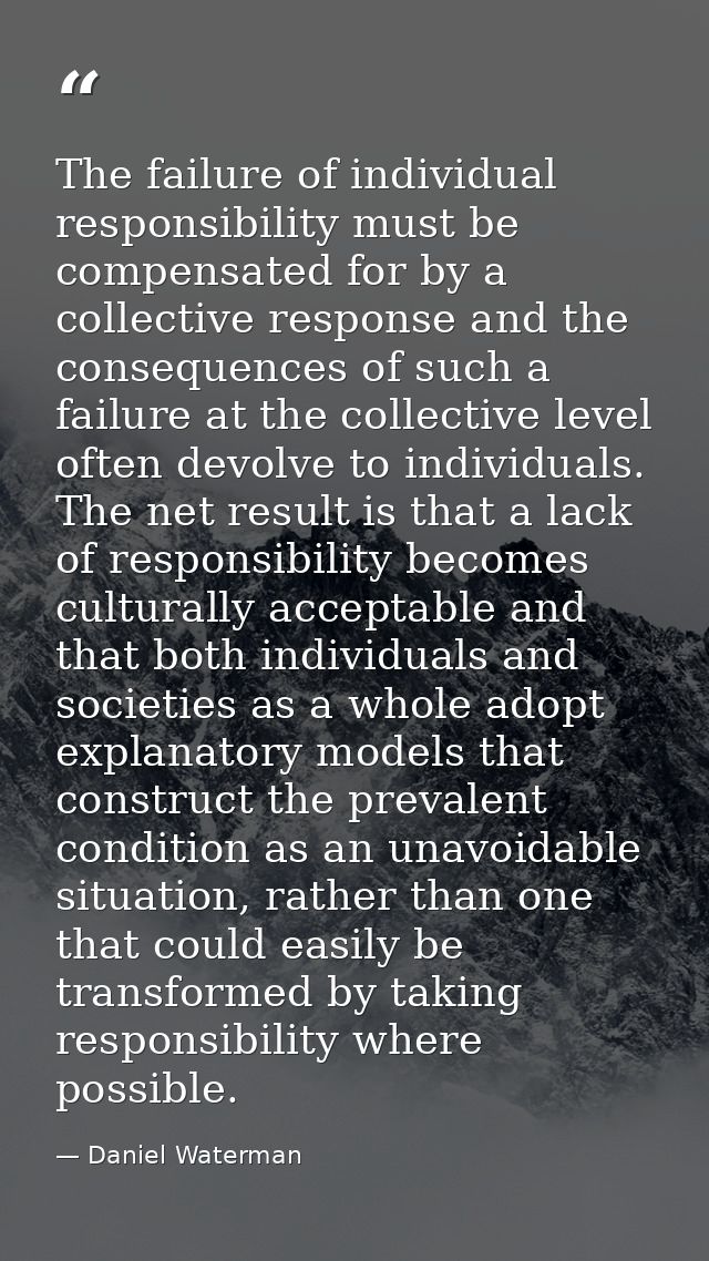 The failure of individual responsibility must be compensated for by a collective response and the consequences of such a — Daniel Waterman