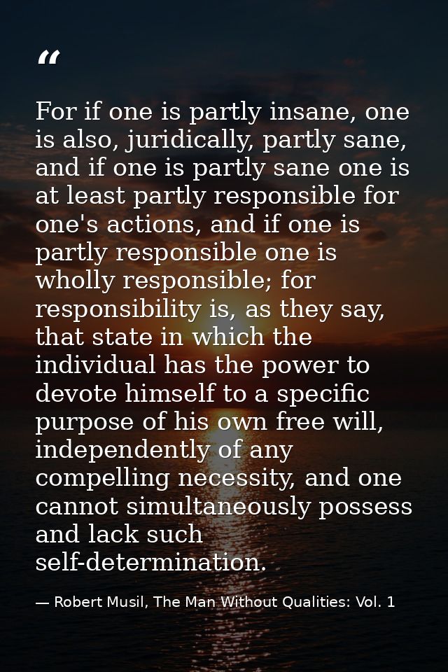 For if one is partly insane, one is also, juridically, partly sane, and if one is partly sane one is at least partly res — Robert Musil, The Man Without Qualities: Vol. 1