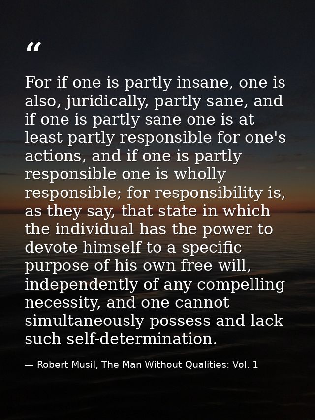 For if one is partly insane, one is also, juridically, partly sane, and if one is partly sane one is at least partly res — Robert Musil, The Man Without Qualities: Vol. 1