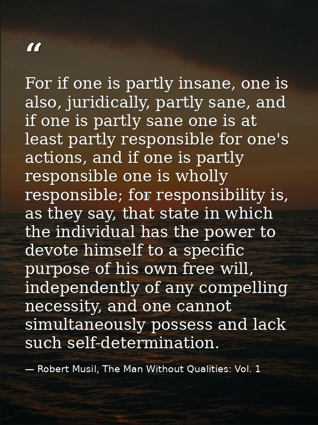 For if one is partly insane, one is also, juridically, partly sane, and if one is partly sane one is at least partly res — Robert Musil, The Man Without Qualities: Vol. 1