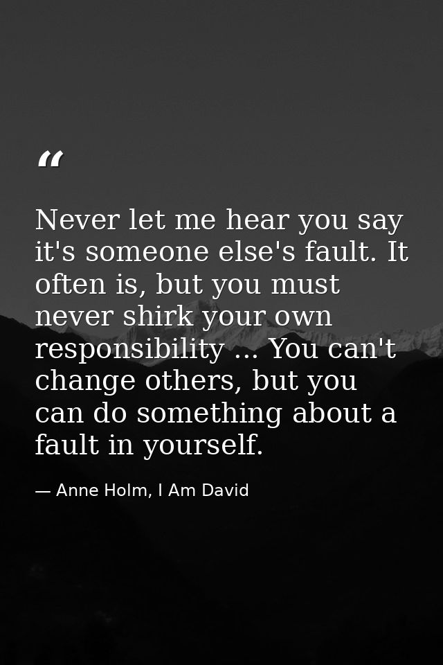 Never let me hear you say it's someone else's fault. It often is, but you must never shirk your own responsibility ... Y — Anne Holm, I Am David