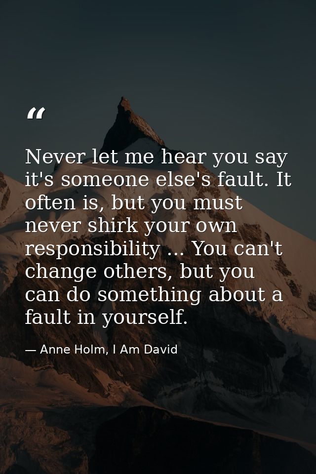 Never let me hear you say it's someone else's fault. It often is, but you must never shirk your own responsibility ... Y — Anne Holm, I Am David