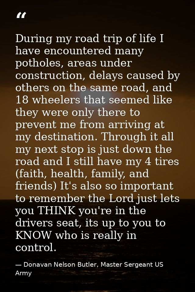 During my road trip of life I have encountered many potholes, areas under construction, delays caused by others on the s — Donavan Nelson Butler, Master Sergeant US Army