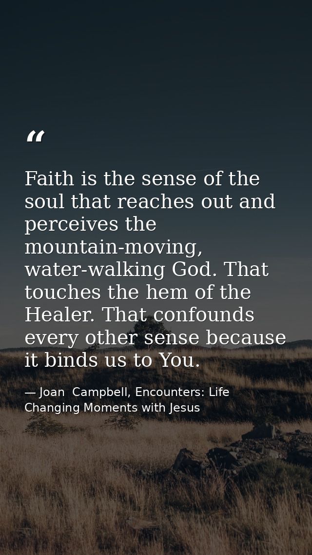 Faith is the sense of the soul that reaches out and perceives the mountain-moving, water-walking God. That touches the h — Joan  Campbell, Encounters: Life Changing Moments with Jesus