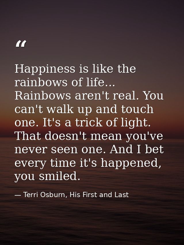 Happiness is like the rainbows of life... Rainbows aren't real. You can't walk up and touch one. It's a trick of light.  — Terri Osburn, His First and Last