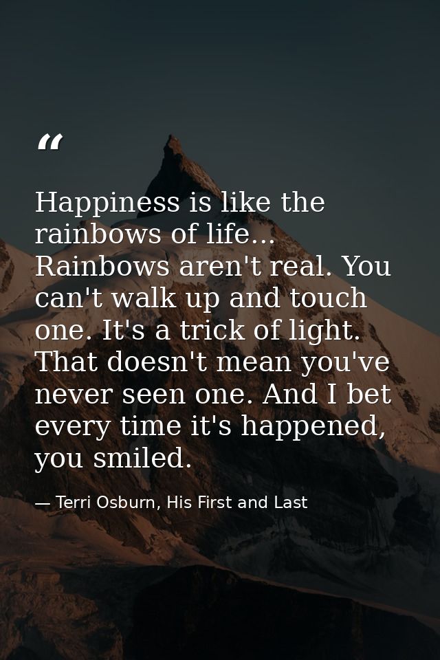 Happiness is like the rainbows of life... Rainbows aren't real. You can't walk up and touch one. It's a trick of light.  — Terri Osburn, His First and Last