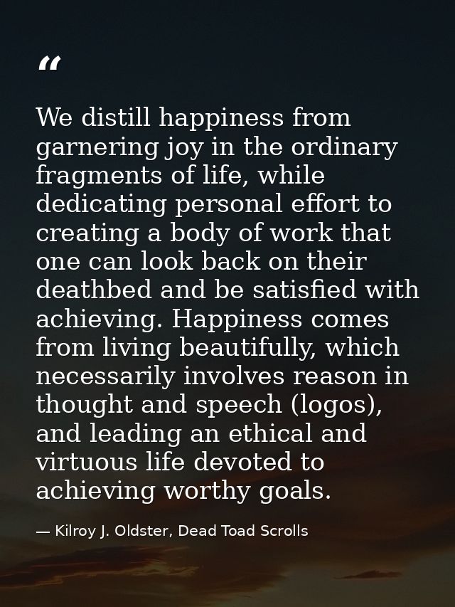 We distill happiness from garnering joy in the ordinary fragments of life, while dedicating personal effort to creating  — Kilroy J. Oldster, Dead Toad Scrolls