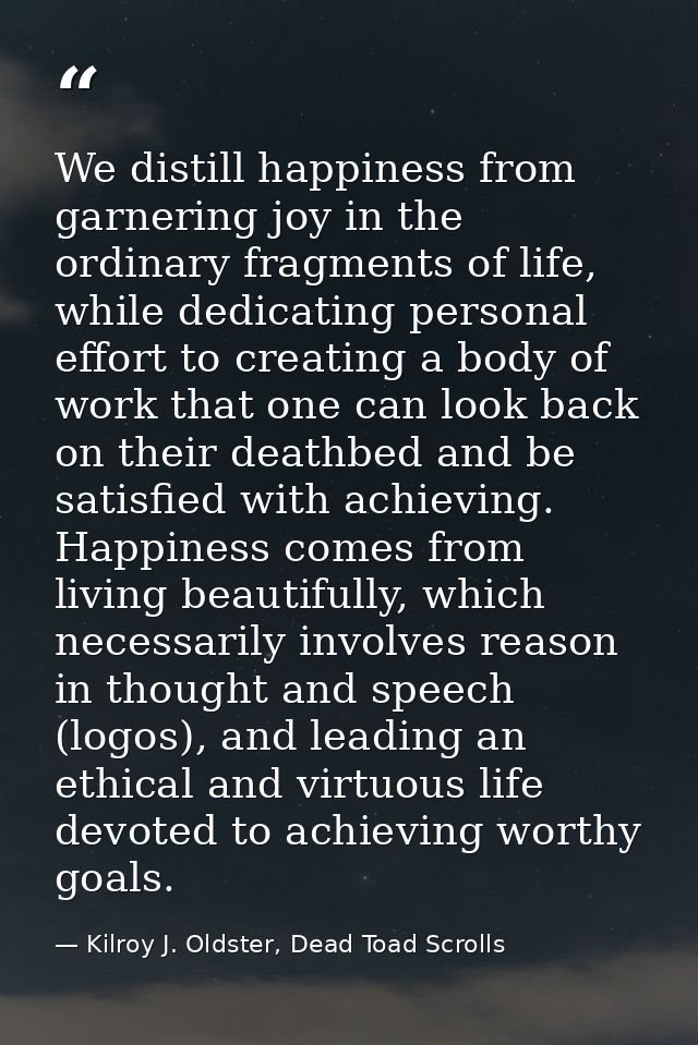 We distill happiness from garnering joy in the ordinary fragments of life, while dedicating personal effort to creating  — Kilroy J. Oldster, Dead Toad Scrolls